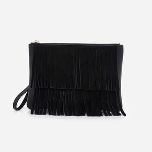 Pouch din piele întoarsă neagră cu franjuri