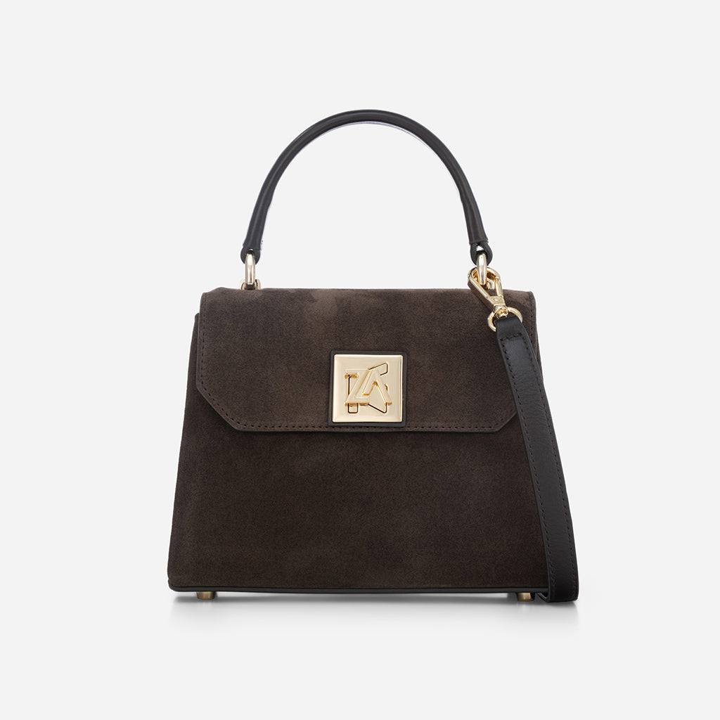 Iris Mini – Geantă Mică Crossbody din Piele Întoarsă – Maro Închis