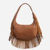 Simona - Geantă de Umăr cu Franjuri din Piele Întoarsă - Maro