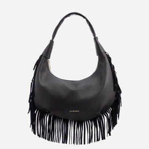 Simona - Geantă de Umăr cu Franjuri din Piele Întoarsă - Negru
