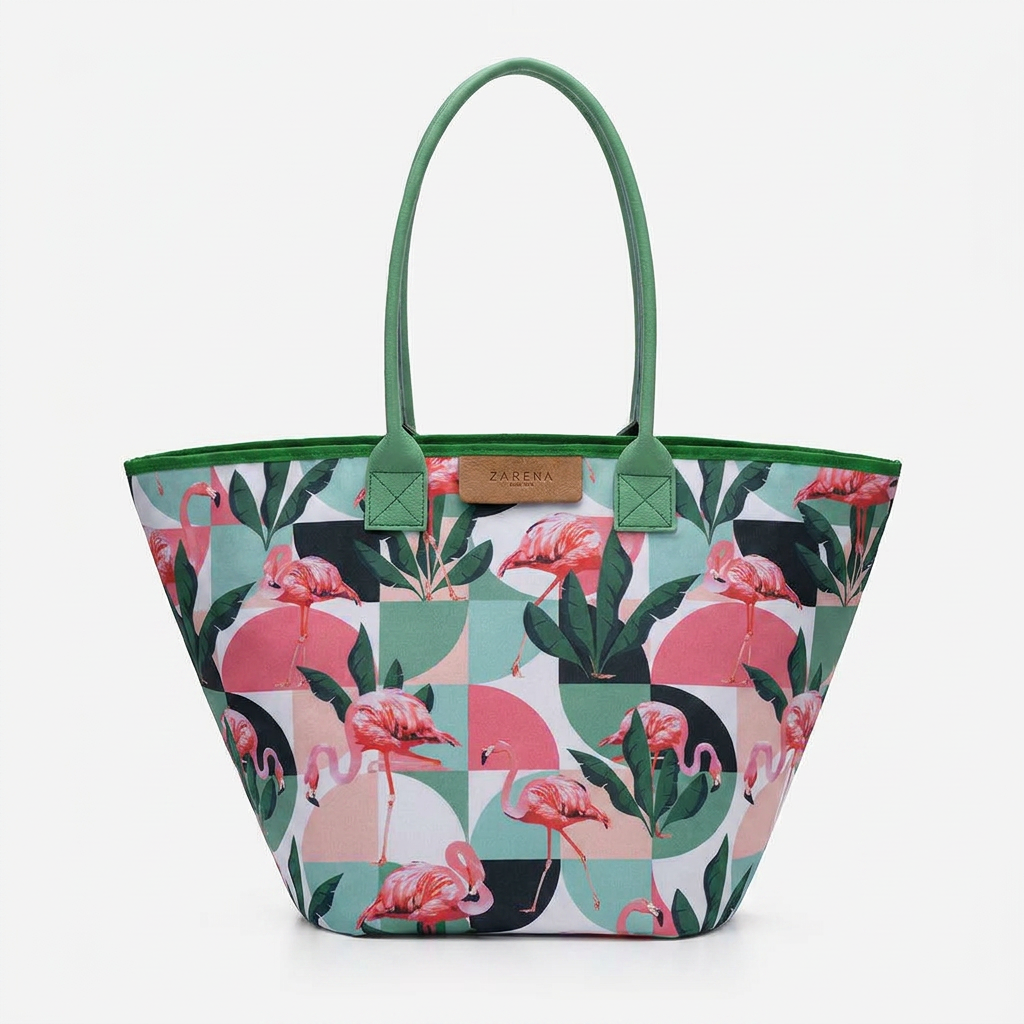 Elba – Geantă Coș din Material Textil cu Imprimeu Flamingo