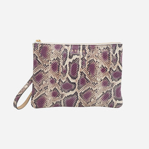 Clutch din piele naturală cu mâner – imprimeu șarpe mov